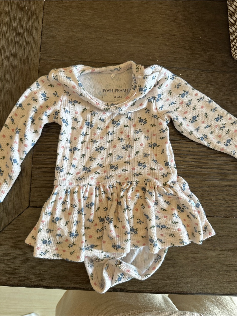 Posh Peanut Cream Long-Sleeve Floral Ruffle One-Piece with Blue & Pink Accents